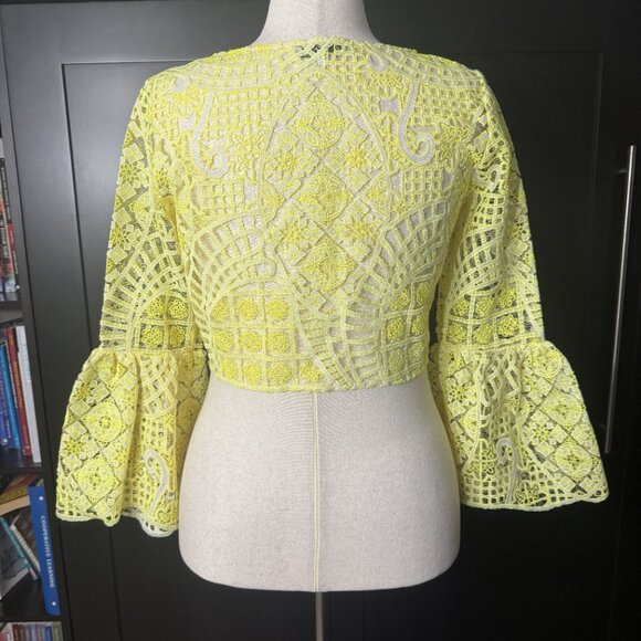 Alexis Designer Sheer Yellow Geometric Lace Cropped Bell-Sleeve Blouse L (Fits M - Picture 4 of 7